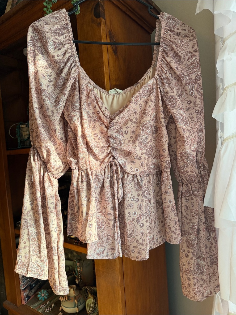 Peach Love California Pink Paisley Drawstring Peplum Blouse